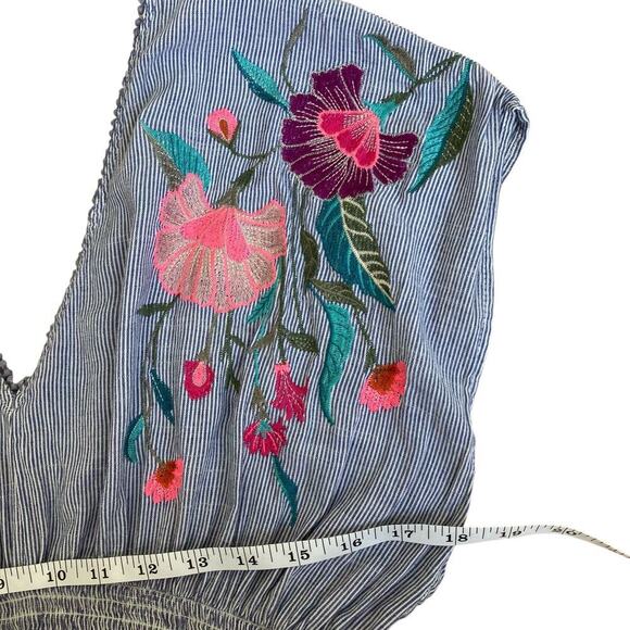 See And Be Seen Sz L Floral Embroidered Maxi Dress Striped Smocked Waist Beachy - Picture 11 of 16